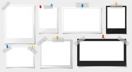 Blank photo frames with push pins and tape, mockup for images and text