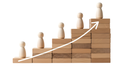 Career Growth and Business Success with Wooden Figures on Rising Steps Cut Out PNG.