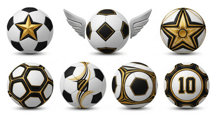 Soccer balls with stars, wings, and number ten on a white background