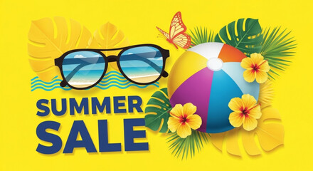 Summer Sale with Beach Ball, Sunglasses, Butterfly