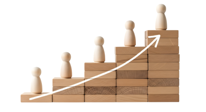 Career Growth and Business Success with Wooden Figures on Rising Steps Cut Out PNG.