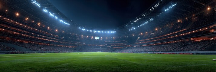 Nighttime soccer match at a large stadium filled with cheering fans and bright floodlights illuminating the field