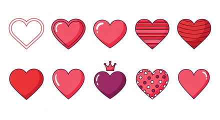 Collection of Red Hearts with Different Patterns on a White Background
