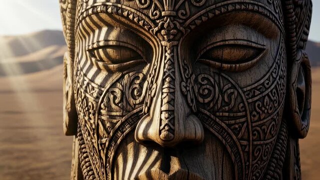 Tribal wooden carving pole with faces and patterns in desert landscape during sunny day, spiritual monument footage