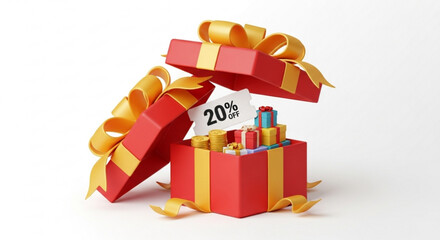Red gift box with gold ribbon and 20 percent off coupon on a plain background