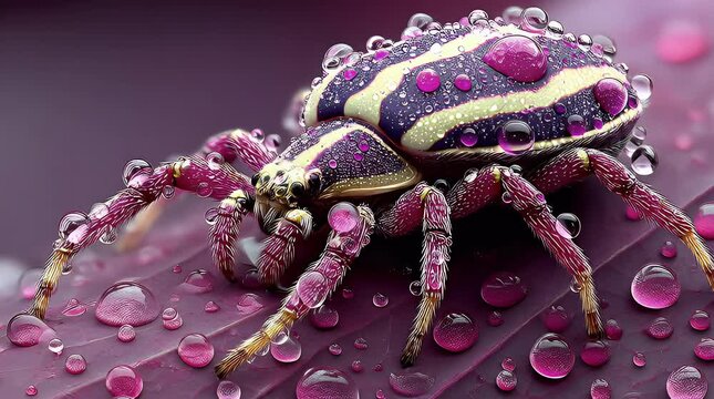 Fantastical Striped Purple Spider Glistening with Jewel-like Dew Drops in Extreme Macro Detail.