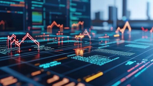 Futuristic digital dashboard with glowing real estate data, property market trends, and analytics in modern office environment - Powered by Adobe