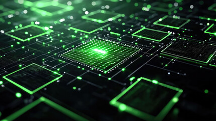 Futuristic green digital circuit board with glowing microchip, technology innovation and energy concept, abstract background