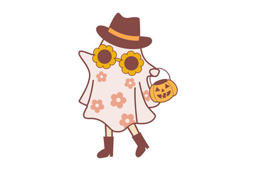 Cute ghost with hat and sunglasses holding pumpkin bucket Halloween  Sublimation Design