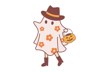 Cute cartoon ghost in a hat and boots carrying a pumpkin bucket  Sublimation Design