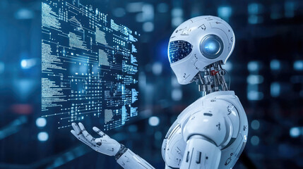 Futuristic robot assistant analyzing digital data with holographic interface, artificial intelligence, innovation, and advanced technology