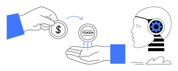 Hand swapping coin for token, human-thumbs up machine head with gear. Ideal for blockchain, AI, transaction, fintech, automation, digital economy innovation. Simple flat metaphor