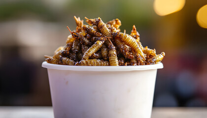Silkworm Pupae Deep-Fried in a White Foam Container Available for Purchase