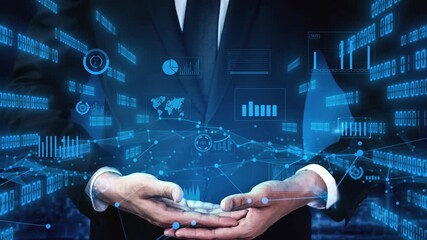 An elegant businessman in a suit presents a futuristic display of digital charts and data icons, symbolizing insights in market analysis and financial growth. Xenic - Powered by Adobe