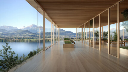Modern wooden rooftop terrace with panoramic glass walls, urban farm planters, mountain view, serene atmosphere, sustainable architecture