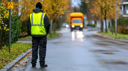Obraz premium Sanitation worker wearing reflective vest stands on wet autumn street as orange truck approaches, urban safety concept