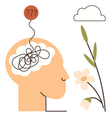 Human head with tangled thoughts, question marks, and blooming flower symbolizing clarity and mindfulness. Ideal for mental health, stress management, personal growth, learning, creativity