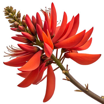 Close-up of a single red erythrina crista-galli flower, detailed tropical bloom isolated