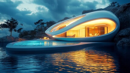 Obraz premium Futuristic villa with glowing lights and serene poolside view during evening hours