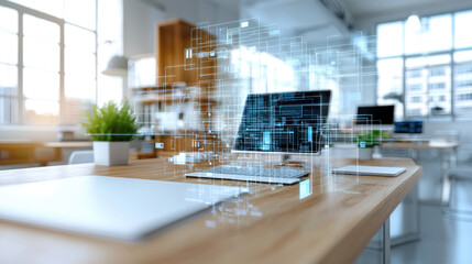 Modern smart desk with AR interface, digital workspace, laptop, documents, and green plant in bright open office