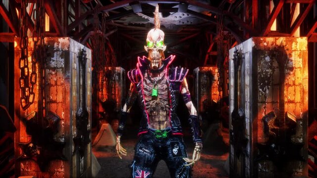 Punk Rock VJ Loop &ndash; stylized punk rock skeleton with spiky bones on the head and punkish outfit moving on the beat in seamless loop. Use it in your next VJ thematic sets, metal and gothic festival