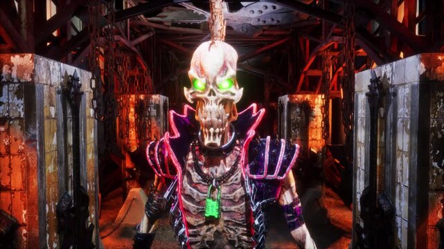 Punk Rock VJ Loop &ndash; stylized punk rock skeleton with spiky bones on the head and punkish outfit moving on the beat in seamless loop. Use it in your next VJ thematic sets, metal and gothic festival