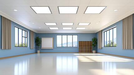 Spacious modern classroom with large windows, blue walls, bright lighting, wooden shelves, and green plants, creating welcoming atmosphere