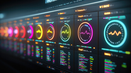 Colorful smart home energy management system interface with futuristic dashboard, digital data visualization, and glowing circular graphs