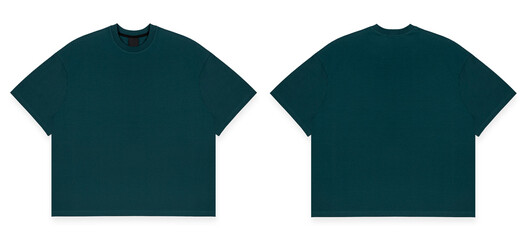 Set of two dark green emerald cotton t-shirt, mockup, front, back side, isolated. T-shirt over size...