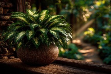 Lush Green Houseplant in Rustic Pot on a Sunlit Wooden Ledge with Blurred Garden Background