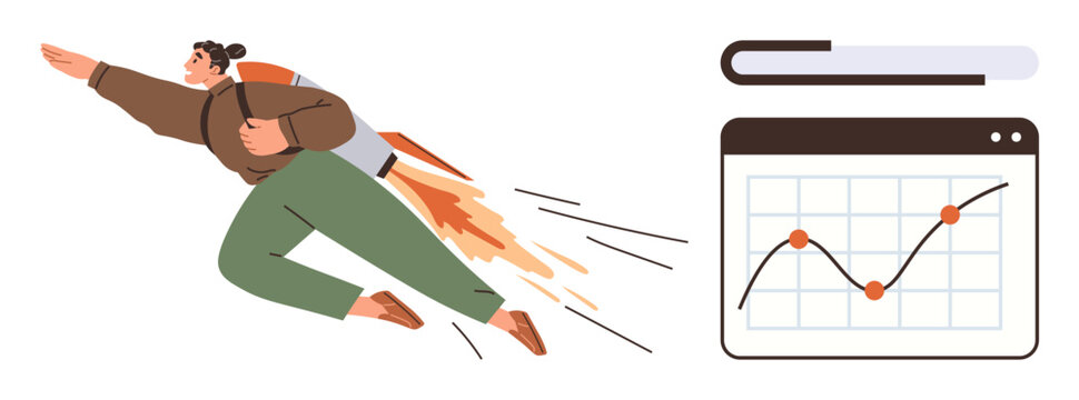 Person with a jetpack propelling forward near a rising line chart. Ideal for success, growth, ambition, career, innovation, progress, data analysis. Depicts a simple flat metaphor