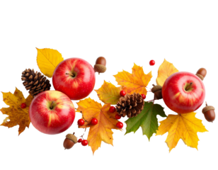 Ripe red apples, pine cones, acorns and colorful autumn leaves creating a festive border on transparent background