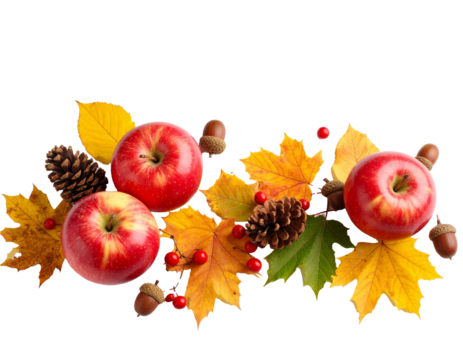 Ripe red apples, pine cones, acorns and colorful autumn leaves creating a festive border on transparent background