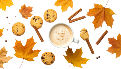 Flat lay of a cozy autumn scene with cappuccino, cookies, and cinnamon sticks, perfect for fall-themed projects