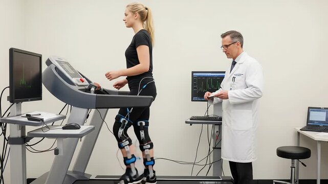 Patient walks on treadmill with corrective braces while podiatrist monitors gait analysis at rehabilitation center