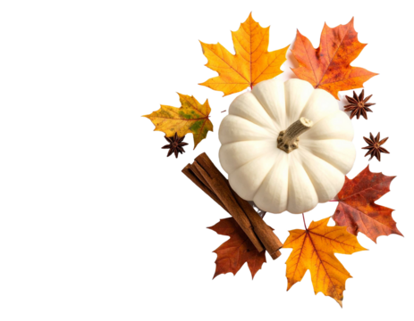 White pumpkin, cinnamon sticks, and autumn maple leaves on transparent background