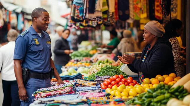 South African police officer interacts with vendor in vibrant market setting during daytime community engagement