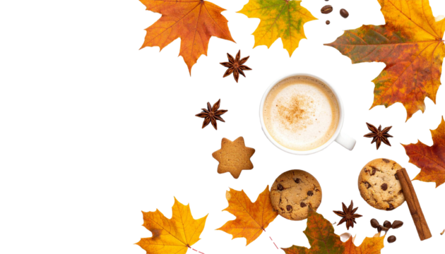 Cup of coffee with autumn decoration on transparent background