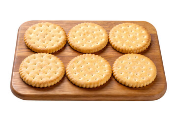 Six round crackers on wooden board isolated on transparent background