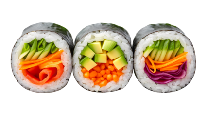 Three sushi rolls with avocado, cucumber and carrot isolated on transparent background
