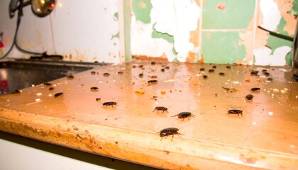 Kitchen counter infested with cockroaches