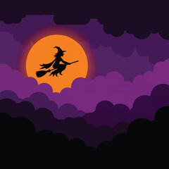 Silhouette of a witch flying on a broomstick against a full orange moon in a cloudy purple night sky.