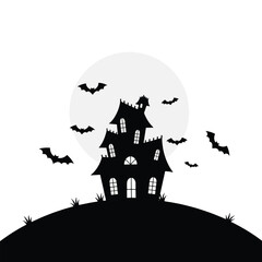 Silhouette of a spooky haunted house on a hill with bats flying under a full moon, perfect for Halloween.