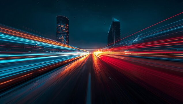 Long exposure of city lights with skyscrapers and streaks of blue and red light trails at night