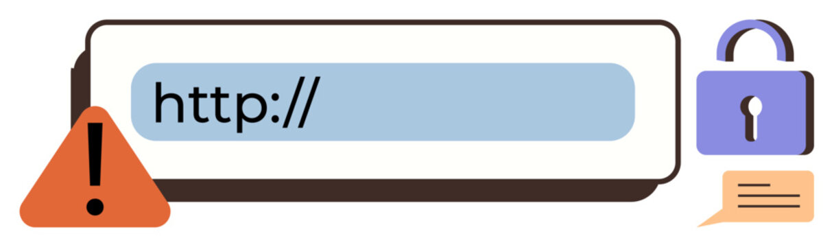 Address bar with http input, alert warning triangle, secure lock icon, and chat bubble. Ideal for cybersecurity, data privacy, online safety, secure platforms, SSL protocols warning notifications