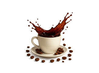 A dynamic splash of dark hot coffee erupts from a white ceramic mug and saucer surrounded by scattered roasted coffee beans isolated on transparent background