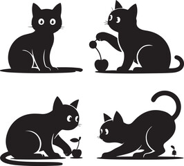 Fototapeta premium Four black cat silhouettes playing with cherries and a plant