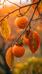 Ripe orange persimmons hanging wet fruit autumn