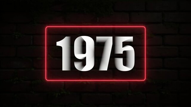  Bright Neon Red Rectangular Border Encasing White 3D Numbers 1975 on a Dark Brick Surface year future