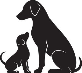 Obraz premium Silhouette of a large dog and a small puppy sitting together, looking up